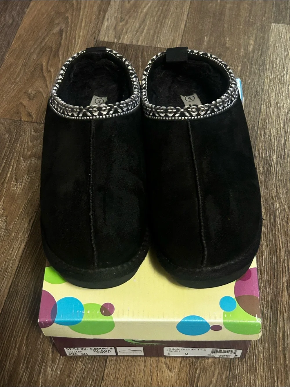 Soda Kids Black Moccasin Slippers with Patterned Trim